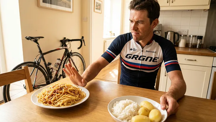 Een mannelijke wielrenner in wielershirt duwt aan een keukentafel een bord pasta van zich af en kiest voor een bord met rijst en aardappelen, als symbool voor het doorbreken van een voedingsmythe.