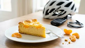 Een close-up liggende foto van een punt eiwitrijke cheesecake met mandarijntjes op een wit bord met een zilveren vork. In de wazige achtergrond liggen een fietshelm en een fietscomputer op een houten keukentafel. Helder natuurlijk daglicht.