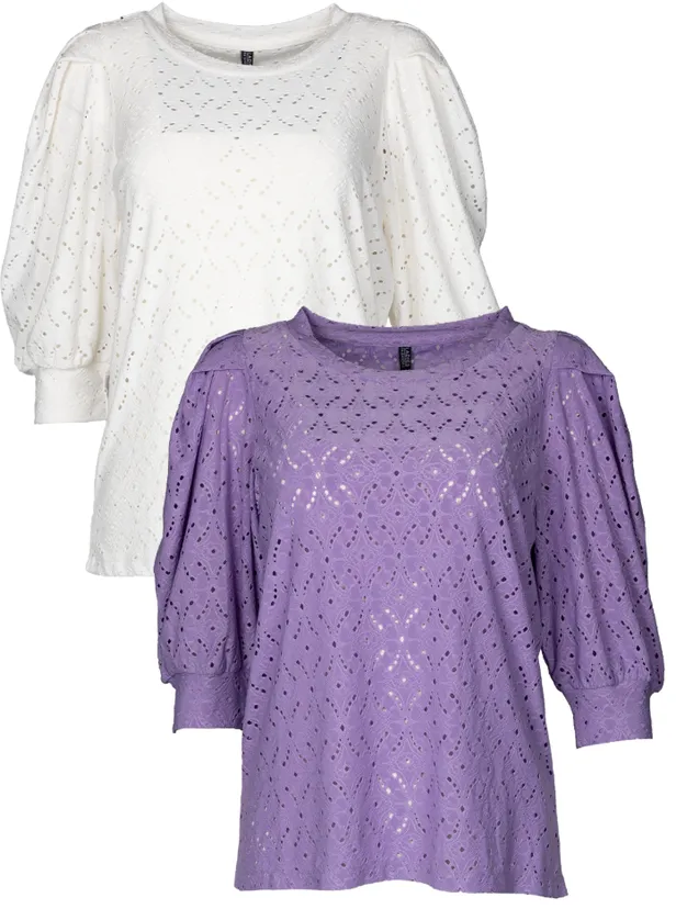 T-shirt ajour pof mouw in wit en paars - €8,99