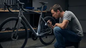 Een geconcentreerde wielrenner gebruikt een zaklamp om het frame van een tweedehands racefiets nauwkeurig te inspecteren op verborgen scheurtjes en schade.