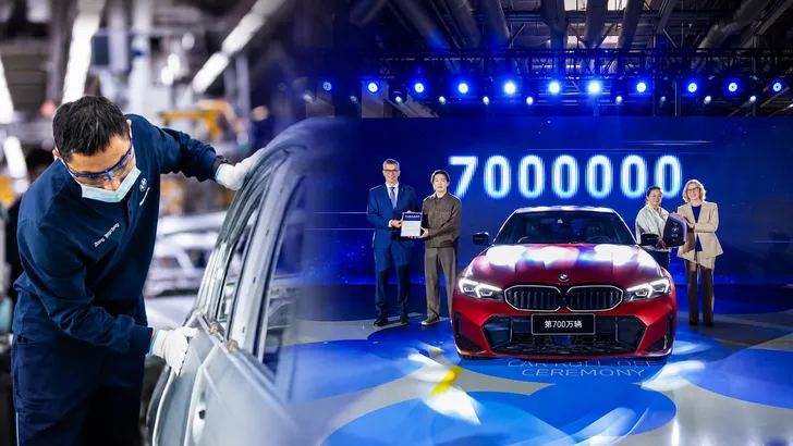 Links een BMW-medewerker met veiligheidsbril die aan de carrosserie van een auto werkt aan de productielijn, rechts een feestelijke ceremonie in de fabriek in Shenyang met het getal zeven miljoen op de achtergrond.