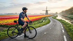 Een wielrenner staat alleen met zijn fiets stil op een rustige landweg, kijkend in de verte, in gedachten verzonken.