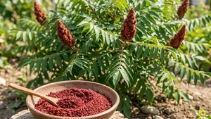sumak in een kom en de sumakplant
