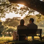 couple sitting on a bench at sunset