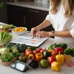 Woman prescribes herself a diet plan with vegetables spread out on the kitchen table.