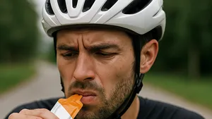mateurwielrenner met witte helm neemt twijfelend een oranje energiegel tijdens een rustige rit, close-up met focus op zijn gezicht en hand.