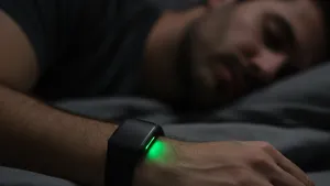 Close-up van een zwarte smartwatch in het donker, waarbij een groen sensorlicht op de pols van een slapende man schijnt.