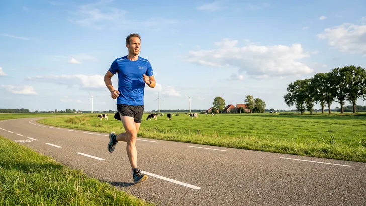 Zomerse hardloopsessie van een wielrenner in de Nederlandse polder langs weilanden met koeien en windmools, headerafbeelding voor Wieler Revue artikel.