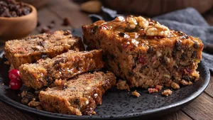 Fruitcake Loaf Sliced on a Plate