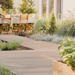 Plants and wooden chairs at table with food on terrace of house in the summer