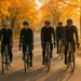 Groep wielrenners in lange kleding fietst samen over een zonnige herfstdijk, omringd door goudgele en oranje bomen in warm ochtendlicht, met een sfeer van gezelligheid en saamhorigheid.