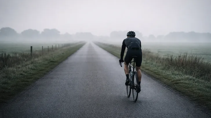 Een mannelijke wielrenner fietst alleen door een mistig polderlandschap, een visuele metafoor voor de 'grijze zone' van training.