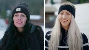 Winter Vol Liefde Denise haalt uit naar Antine – Tweeluik foto's. Links een videostill van Antine in Seefeld, rechts een videostill van Denise in Seefeld.