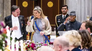 Eten van de royals: koningin Máxima en toenmalig premier Rutte bij een staatsbanket voor de president van India in 2022.