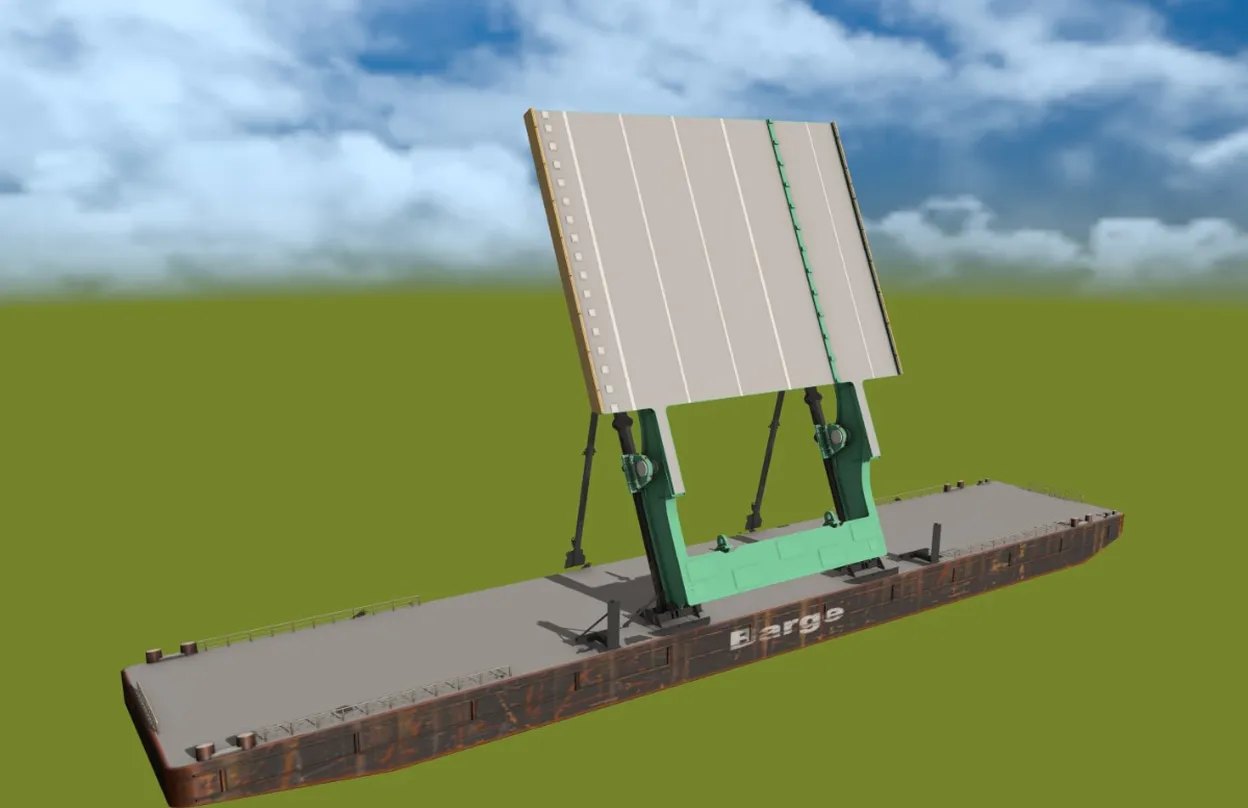 Het brugdek wordt rechtop vervoerd op een ponton van 11,5 meter breed.