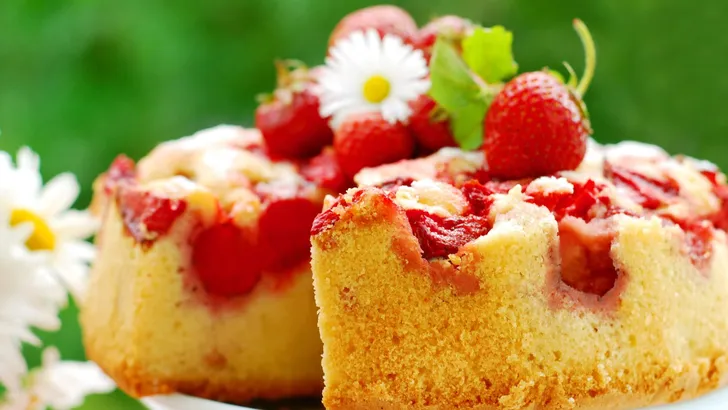 strawberry cake on table in the garden