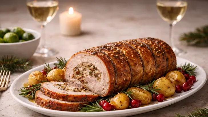 Rollade op kersttafel, licht ingezoomd, met aardappelen en vrolijke versiering.