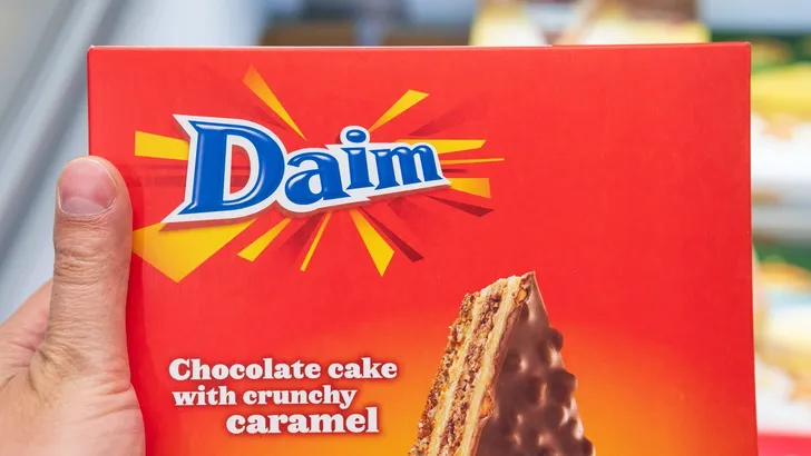 Tyumen, Russia-june 08, 2021: Brand Daim originated from Sweden. Chocolate cake with crunchy caramel