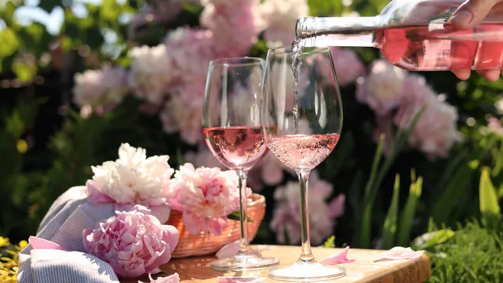 Woman pouring rose wine into glass at table in garden, closeup