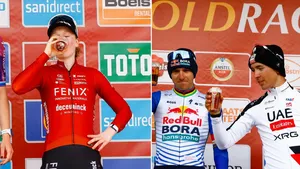 Fotomontage die Puck Pieterse (links), drinkend uit haar bierglas, vergelijkt met Remco Evenepoel en Benoît Cosnefroy (rechts) die proosten met hun bier op het podium, als illustratie bij het ludieke 'adt-onderzoek'.