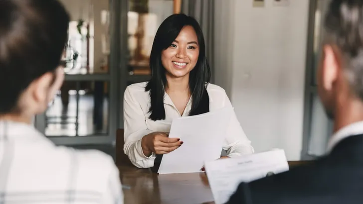 Business, career and recruitment concept - young asian woman smi