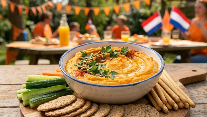 Oranje zoete aardappel dip als Koningsdag borrelhapje, geserveerd met een kleurrijke variatie aan groenten zoals komkommer en wortel, en volkoren crackers.