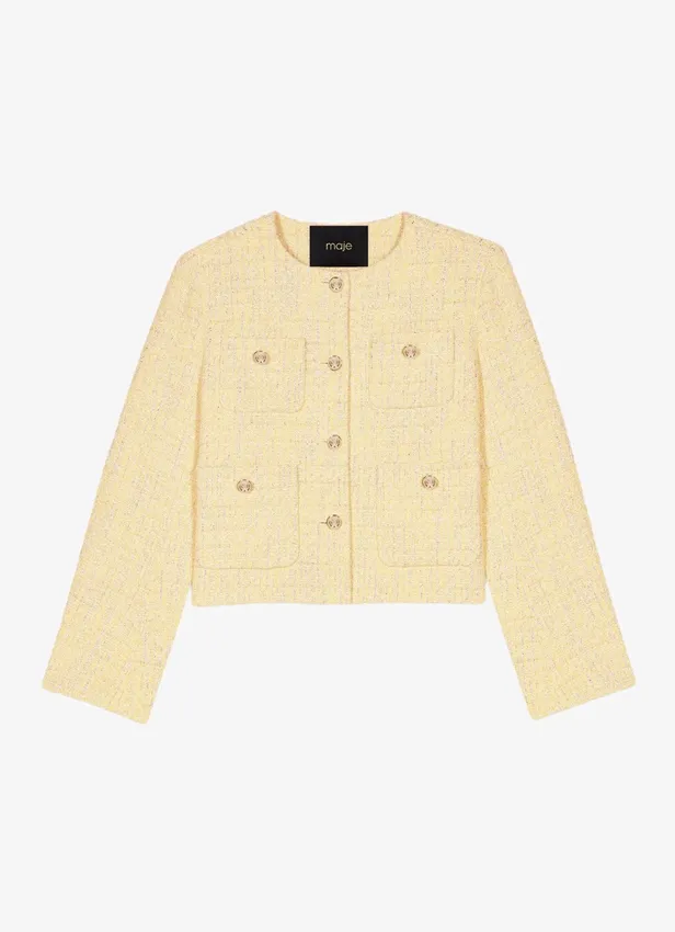 Cropped blazer van bouclé in lichtgeel van Maje – gedragen door prinses Amalia tijdens de zomerfotosessie 2026