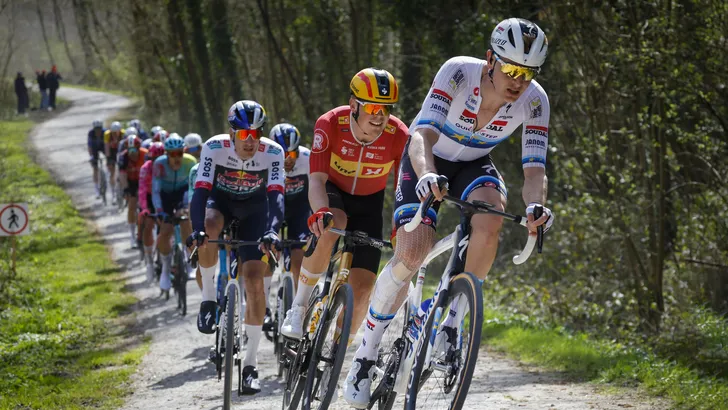 Wielrenners klimmen over de Kemmelberg tijdens Gent-Wevelgem, met de kopgroep strak op een rij in de lentezon.