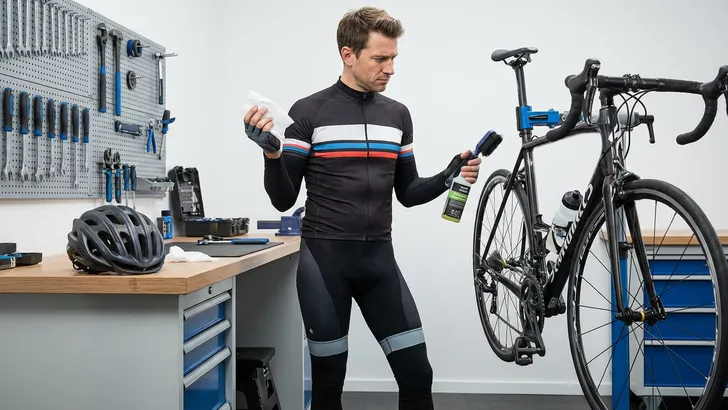 Een mannelijke wielrenner in volledige outfit met arm- en beenstukken twijfelt in zijn werkplaats welke schoonmaakmethode hij moet gebruiken voor zijn fietsketting: een modern doekje of een traditionele borstel.