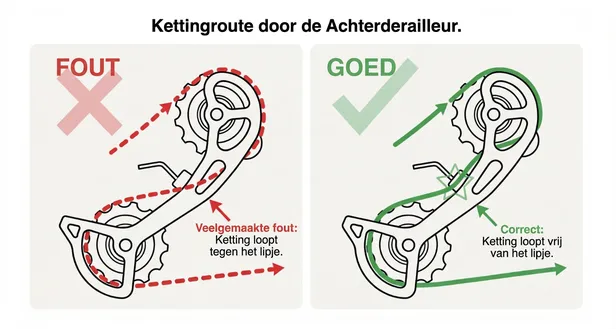 Infographic: de juiste kettingroute (groen) loopt boven het metalen lipje van de derailleur, de foute route (rood) loopt eronder.