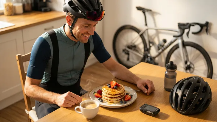 Wielrenner met helm geniet van eiwitrijke pannenkoeken als ontbijt voor zijn rit, met zijn racefiets op de achtergrond.