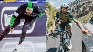 Links Kjeld Nuis in zijn Reggeborgh-schaatspak. Rechts een foto van Nuis in Reggeborgh-wielerkleding op een racefiets tijdens een zonnige training.