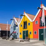 Panorama of colorful wooden houses in Zoutkamp