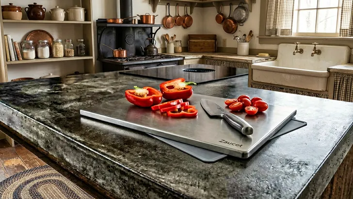 Een titanium snijplank met daarop gesneden paprika en een koksmes in een keuken