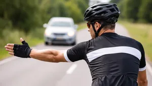 Wielrenner steekt hand uit om richting aan te geven op een smalle weg, met auto op afstand achter hem.