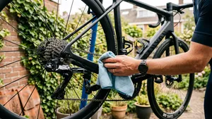 Een close-up van een hand die met een microvezeldoek de fietsketting van een racefiets schoonveegt, in de setting van een Nederlandse achtertuin.