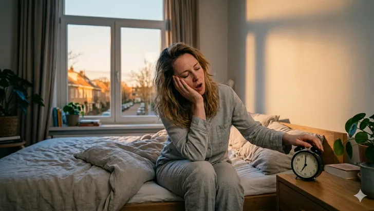 Vermoeide vrouw in bed tijdens overgang naar zomertijd 2026