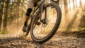 Actiefoto van een gravelbike die met snelheid over een grindpad in het bos rijdt. De zon schijnt door de bomen, wat een avontuurlijke sfeer geeft, terwijl de focus op het voorwiel ligt.