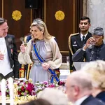 Eten van de royals: koningin Máxima en toenmalig premier Rutte bij een staatsbanket voor de president van India in 2022.