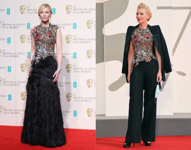 Cate Blanchett tijdens British Academy Film Awards 2016 (links) en tijdens het filmfestival in Venetië (2020).