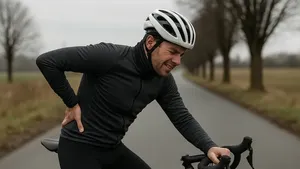 Wielrenner op een rustige landweg die met een pijnlijke grimas zijn onderrug vasthoudt tijdens het fietsen.