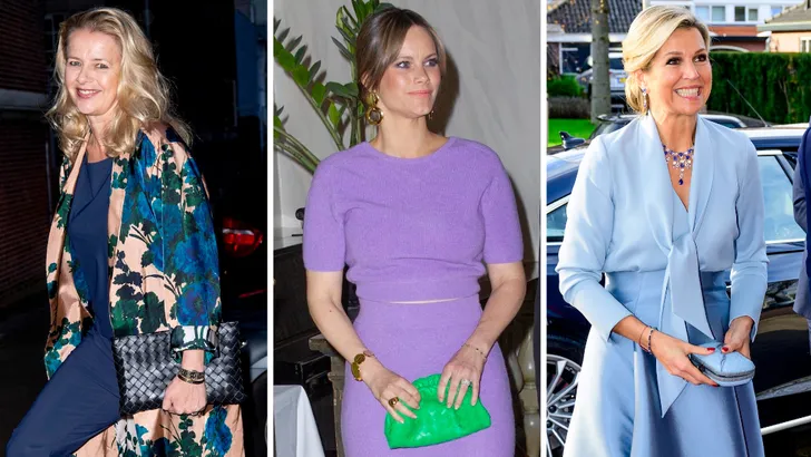 Royal dames met gevlochten handtassen van Bottega Veneta. – Drieluik foto's met links prinses Mabel, midden prinses Sofia van Zweden en rechts koningin Máxima. Elk hebben zij een ander exemplaar van een gevlochten Bottega Veneta handtas.