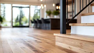 Modern interieur met hardhouten vloeren, trap en uitzicht op de keuken.