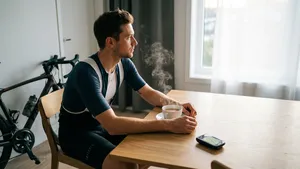 Een wielrenner in volledige outfit zit rustig aan een keukentafel. Voor hem staat een dampende kop koffie, terwijl hij peinzend uit het raam kijkt, wachtend tot het tijd is om aan zijn fietstocht te beginnen.