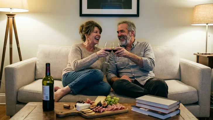 Een lachend stel van middelbare leeftijd geniet 's avonds op de bank van een glas rode wijn.
