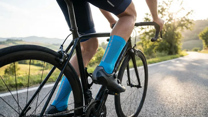 Een close-up van een fietser die fietsschoenen en compressiesokken draagt, met de nadruk op de details van de sokken en schoenen tegen een onscherpe achtergrond van een weg of parcours.