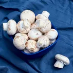 Flat lay view of white button mushrooms (Agaricus bisporus) on blue drapery background.