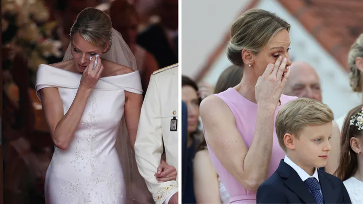 Tweeluik foto's van een huilende prinses Charlene, links bij haar huwelijk in 2011 en rechts bij het jubileum van prins Albert, juli 2025.