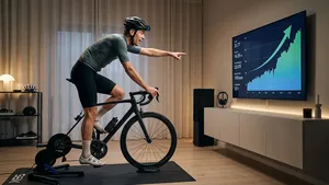 Wielrenner krijgt een inzicht terwijl hij zijn trainingsdata met een stijgende grafiek op zijn fietscomputer analyseert