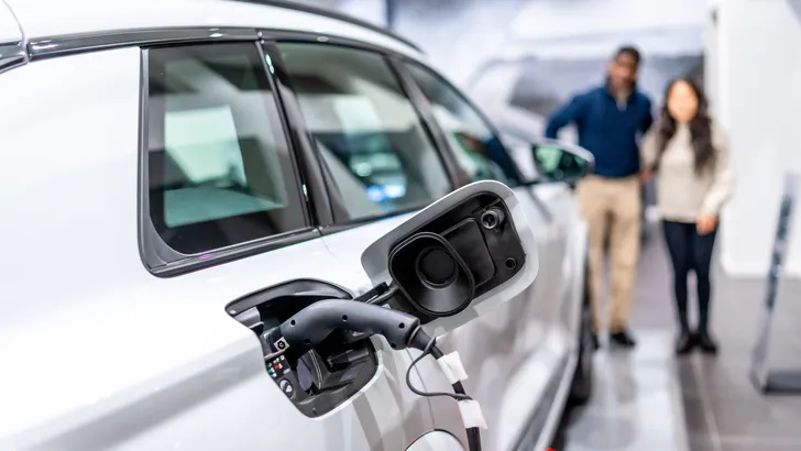 Kopers bekijken een elektrische auto die in een showroom wordt opgeladen